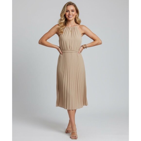 Halter Tie Back Belted Pleated Dress - Picture 3 of 5